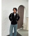 Erkek Oversize Dik Yaka Fermuarlı Sweatshirt - Zincir Nakışli Kanguru Cepli - Siyah