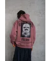 Lushiowear Erkek 3 İplik Pamuklu Kapüşonlu Baskılı Cepli Oversize Sweatshirt Hoodie - Gül Kurusu