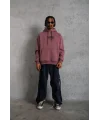 Lushiowear Erkek 3 İplik Pamuklu Kapüşonlu Baskılı Cepli Oversize Sweatshirt Hoodie - Gül Kurusu