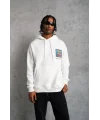 Lushiowear Erkek 3 İplik Pamuklu Kapüşonlu Baskılı Cepli Oversize Sweatshirt Hoodie - Beyaz