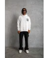 Lushiowear Erkek 3 İplik Pamuklu Kapüşonlu Baskılı Cepli Oversize Sweatshirt Hoodie - Beyaz