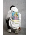 Lushiowear Erkek 3 İplik Pamuklu Kapüşonlu Baskılı Cepli Oversize Sweatshirt Hoodie - Beyaz