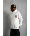 Lushiowear Erkek 3 İplik Pamuklu Kapüşonlu Baskılı Cepli Oversize Sweatshirt Hoodie - Beyaz
