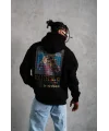Lushiowear Erkek 3 İplik Pamuklu Kapüşonlu Baskılı Cepli Oversize Sweatshirt Hoodie - Siyah