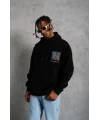 Lushiowear Erkek 3 İplik Pamuklu Kapüşonlu Baskılı Cepli Oversize Sweatshirt Hoodie - Siyah