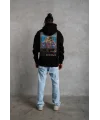 Lushiowear Erkek 3 İplik Pamuklu Kapüşonlu Baskılı Cepli Oversize Sweatshirt Hoodie - Siyah