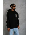 Lushiowear Erkek 3 İplik Pamuklu Kapüşonlu Baskılı Cepli Oversize Sweatshirt Hoodie - Siyah