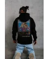 Lushiowear Erkek 3 İplik Pamuklu Kapüşonlu Baskılı Cepli Oversize Sweatshirt Hoodie - Siyah