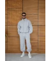 Erkek Premium Parçalı Eşofman Takım - Dik Yaka Fermuarlı Biyeli Sweatshirt Lastik Paça Alt, Oversize 3 iplik Şardonlu - Gri