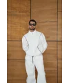 Erkek Premium Parçalı Eşofman Takım - Dik Yaka Fermuarlı Biyeli Sweatshirt Lastik Paça Alt, Oversize 3 iplik Şardonlu - Beyaz