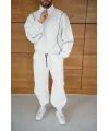 Erkek Premium Parçalı Eşofman Takım - Dik Yaka Fermuarlı Biyeli Sweatshirt Lastik Paça Alt, Oversize 3 iplik Şardonlu - Beyaz