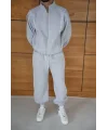 Erkek Premium Parçalı Eşofman Takım - Dik Yaka Fermuarlı Biyeli Sweatshirt Lastik Paça Alt, Oversize 3 iplik Şardonlu - Gri