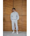 Erkek Premium Parçalı Eşofman Takım - Dik Yaka Fermuarlı Biyeli Sweatshirt Lastik Paça Alt, Oversize 3 iplik Şardonlu - Gri