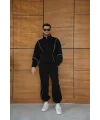 Erkek Premium Parçalı Eşofman Takım - Dik Yaka Fermuarlı Biyeli Sweatshirt Lastik Paça Alt, Oversize 3 iplik Şardonlu - Siyah