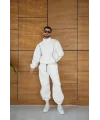 Erkek Premium Parçalı Eşofman Takım - Dik Yaka Fermuarlı Biyeli Sweatshirt Lastik Paça Alt, Oversize 3 iplik Şardonlu - Beyaz