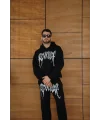 Erkek Premium Taş Baskılı Eşofman Takım Revenge Model (Siyah) Kapüşonlu Üst + Taşlı Baskılı Alt Modern Streetwear Tarzı Oversize Rahat Kalıp 3 iplik Pamuklu - Siyah