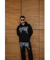 Erkek Premium Taş Baskılı Eşofman Takım Revenge Model (Siyah) Kapüşonlu Üst + Taşlı Baskılı Alt Modern Streetwear Tarzı Oversize Rahat Kalıp 3 iplik Pamuklu - Siyah
