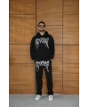 Erkek Premium Taş Baskılı Eşofman Takım Revenge Model (Siyah) Kapüşonlu Üst + Taşlı Baskılı Alt Modern Streetwear Tarzı Oversize Rahat Kalıp 3 iplik Pamuklu - Siyah