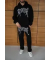 Erkek Premium Taş Baskılı Eşofman Takım Revenge Model (Siyah) Kapüşonlu Üst + Taşlı Baskılı Alt Modern Streetwear Tarzı Oversize Rahat Kalıp 3 iplik Pamuklu - Siyah
