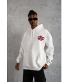 Lushiowear Erkek 3 İplik Pamuklu Kapüşonlu Baskılı Cepli Oversize Sweatshirt Hoodie - Beyaz