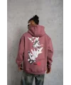 Lushiowear Erkek 3 İplik Pamuklu Kapüşonlu Baskılı Cepli Oversize Sweatshirt Hoodie - Gül Kurusu
