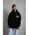 Lushiowear Erkek 3 İplik Pamuklu Kapüşonlu Baskılı Cepli Oversize Sweatshirt Hoodie - Siyah
