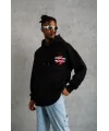 Lushiowear Erkek 3 İplik Pamuklu Kapüşonlu Baskılı Cepli Oversize Sweatshirt Hoodie - Siyah