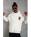 Lushiowear Erkek 3 İplik Pamuklu Kapüşonlu Baskılı Cepli Oversize Sweatshirt Hoodie - Beyaz
