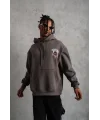 Lushiowear Erkek 3 İplik Pamuklu Kapüşonlu Baskılı Cepli Oversize Sweatshirt Hoodie - Gri