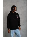 Lushiowear Erkek 3 İplik Pamuklu Kapüşonlu Baskılı Cepli Oversize Sweatshirt Hoodie - Siyah