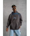 Lushiowear Erkek 3 İplik Pamuklu Kapüşonlu Baskılı Cepli Oversize Sweatshirt Hoodie - Gri