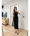 Fitilli Triko Elbise Kolsuz Sırtı Kapalı Maxi Uzun Boy - Siyah
