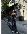 Kadın Arkadan Yırtmaçlı Jeans Kot Palazzo Pantolon - Siyah