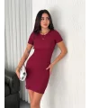 Kadın Bisiklet Yaka Kısa Kol Likralı Elbise - Bordo