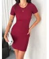 Kadın Bisiklet Yaka Kısa Kol Likralı Elbise - Bordo