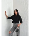 Z Krep Kadın Crop Yakalı Gömlek İlik Düğmeli Üç Çeyrek Sleeve Kol - Siyah