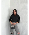 Z Krep Kadın Crop Yakalı Gömlek İlik Düğmeli Üç Çeyrek Sleeve Kol - Siyah