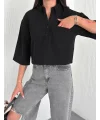 Z Krep Kadın Crop Yakalı Gömlek İlik Düğmeli Üç Çeyrek Sleeve Kol - Siyah