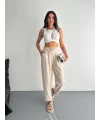 Kadın Yüksel Bel Beli Bağcıklı Rahat Boru Paça Pantalon - Kırık Beyaz