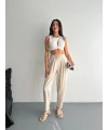 Kadın Yüksel Bel Beli Bağcıklı Rahat Boru Paça Pantalon - Kırık Beyaz