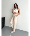 Kadın Yüksel Bel Beli Bağcıklı Rahat Boru Paça Pantalon - Kırık Beyaz