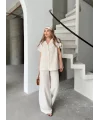 Keten Kısa Kollu Cepli Gömlek Pantolon ikili Takım - Beyaz