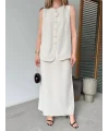 Keten Kolsuz Sıfır Yaka İlik Düğmeli Kolsuz Hırka Etek ikili Takım- Beyaz
