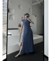 Keten Yandan Yırtmaçlı Uzun Elbise Sıfır Kol Elbise - Mavi
