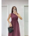 Kolsuz Göğüs Lastıklı %100 Poplin Uzun Elbise - Bordo
