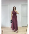 Kolsuz Göğüs Lastıklı %100 Poplin Uzun Elbise - Bordo