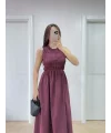 Kolsuz Göğüs Lastıklı %100 Poplin Uzun Elbise - Bordo