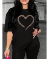 Lushiowear Kadın Kalp Baskılı T-Shirt Kısa Kol Bisiklet Yaka Oversize Tişört - Siyah