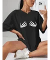 Lushiowear Kadın Baskılı T-Shirt Kısa Kol Bisiklet Yaka Oversize Rahat Kalıp Tişört - Siyah