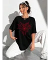 Lushiowear Kadın Örümcek Ağ Baskılı T-Shirt Kısa Kol Bisiklet Yaka Oversize Tişört - Siyah